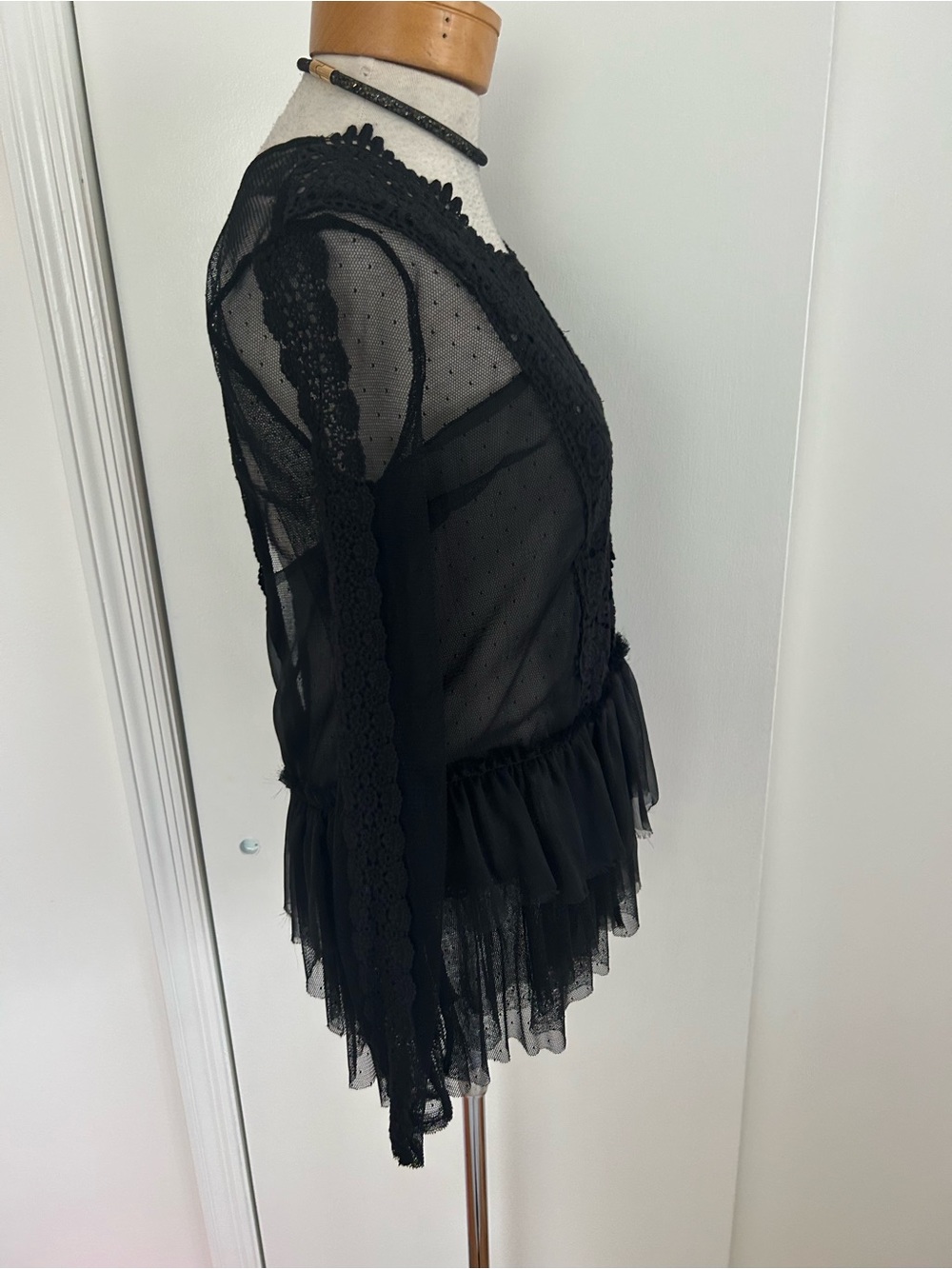 Free People Boho Sexy Semi Sheer Lace Tulle Mesh Ruffle Romantic Whimsigoth Top - Picture 9 of 10